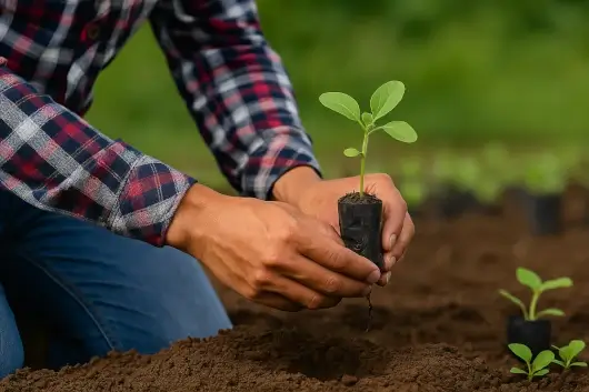 Trasplante de plántula desde bolsa de semillero plástica hacia cultivo agrícola.