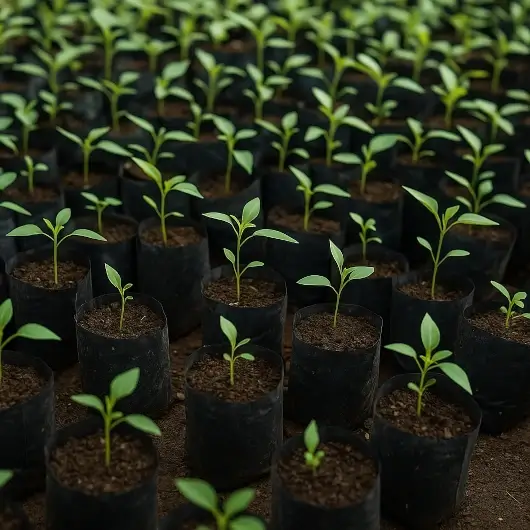 Vivero agrícola con plántulas creciendo en bolsas para semilleros negras alineadas en el suelo.