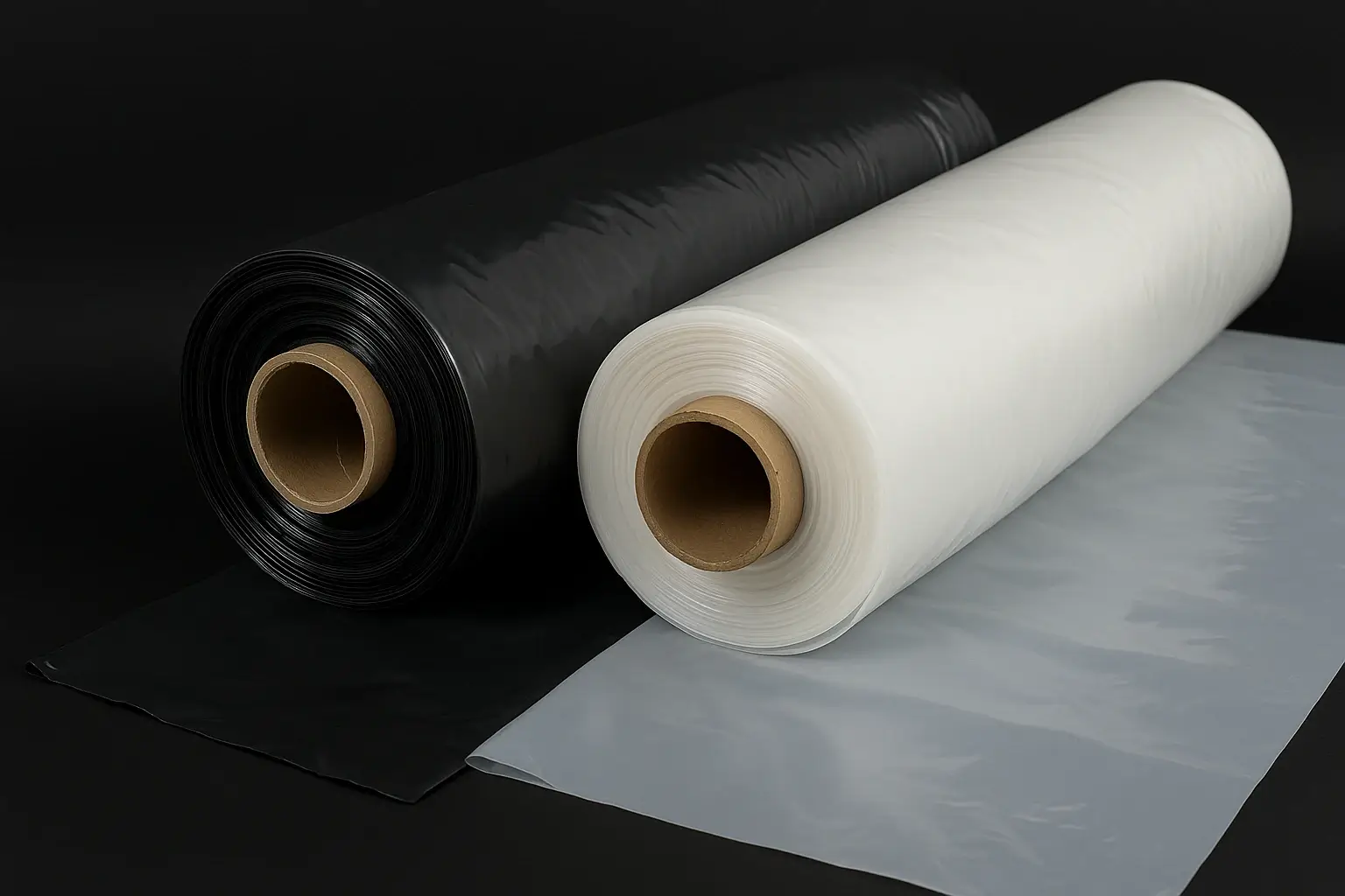 Rollos de plástico de polietileno negro y transparente utilizados para aplicaciones industriales y agrícolas.