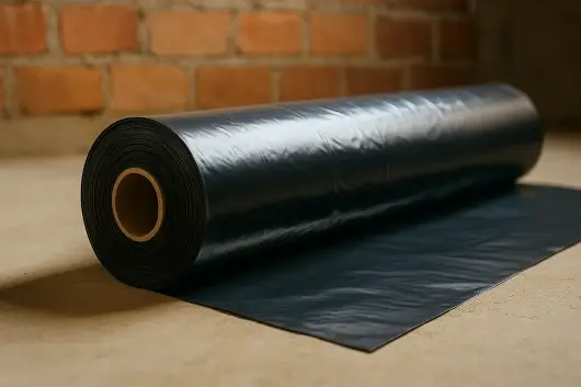 Plástico de polietileno negro utilizado para protección de superficies y materiales en obras civiles.
