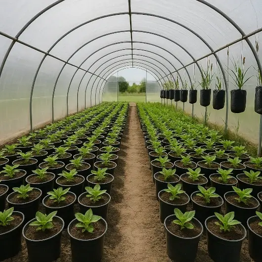 Vivero agrícola con plántulas en bolsas para semilleros bajo plástico de invernadero