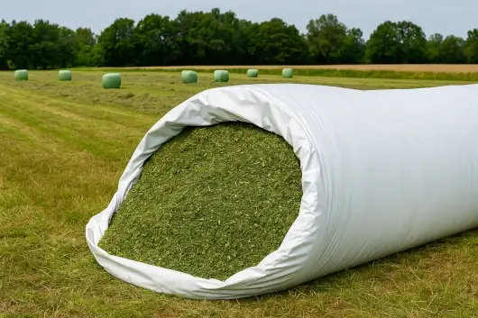 Bolsa plástica para silo llena de forraje verde recién cortado en finca agrícola.