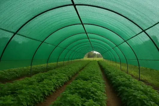 Invernadero cubierto con polisombra verde que reduce la radiación solar y protege los cultivos del exceso de calor.
