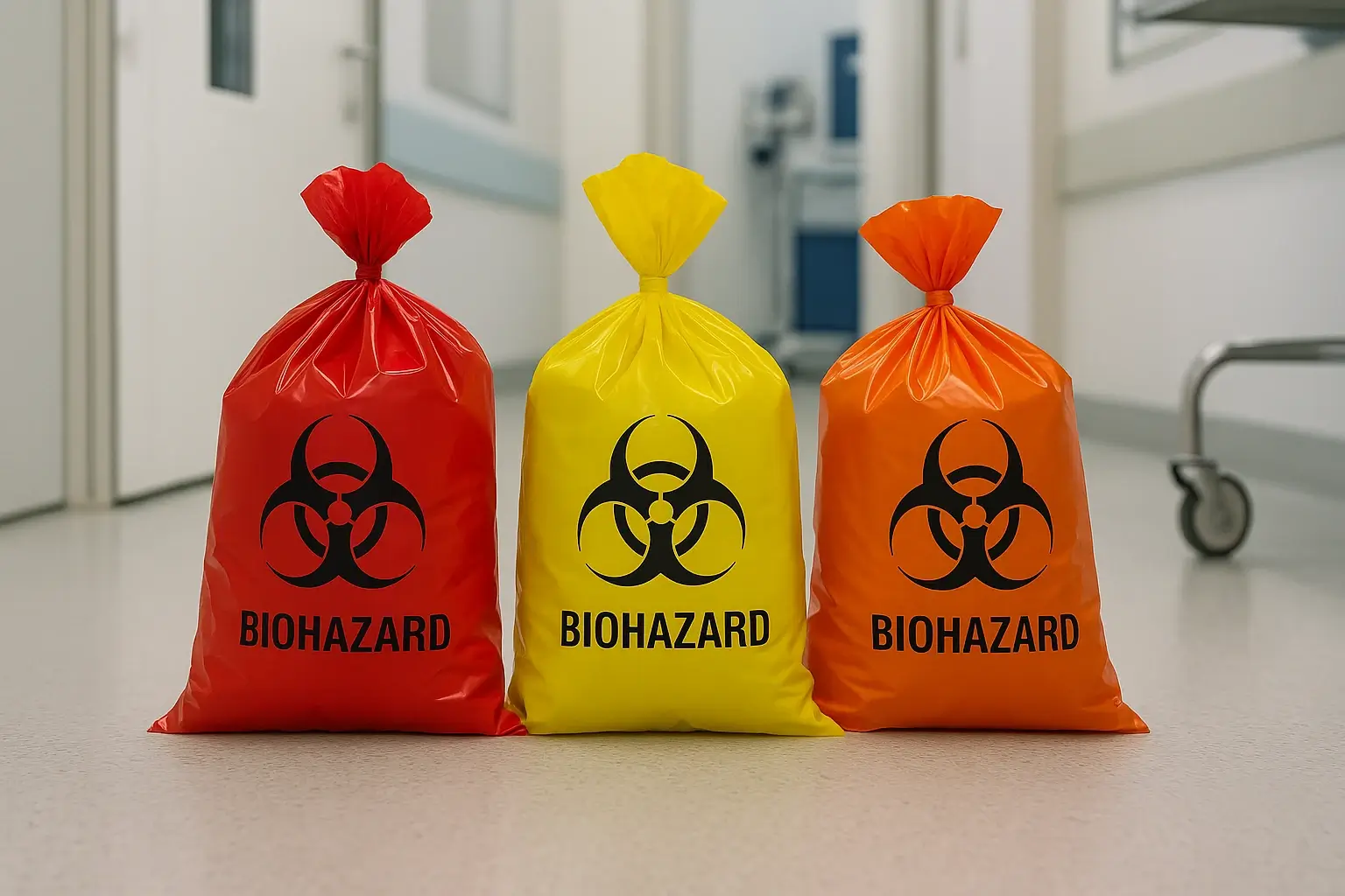 Bolsas plásticas hospitalarias de colores rojo, amarillo y naranja con símbolo de bioseguridad, alineadas en entorno médico limpio.