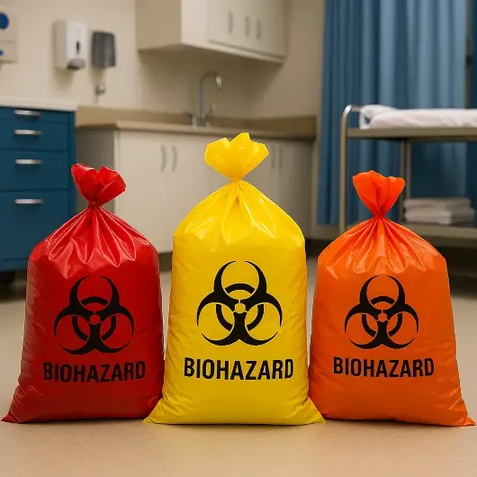 Bolsas hospitalarias rojas, amarillas y naranjas con símbolo de bioseguridad sobre piso de centro médico, en entorno limpio y profesional.