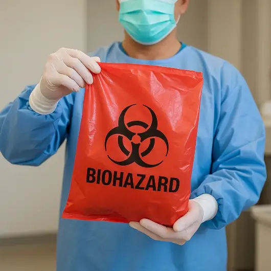 Personal sanitario manipulando bolsas plásticas hospitalarias con medidas de bioseguridad.