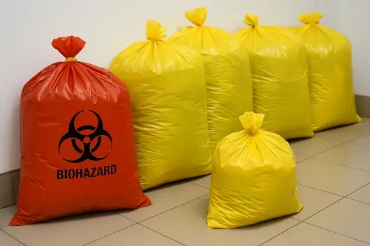 Bolsas hospitalarias selladas para transporte seguro de desechos médicos e infecciosos.