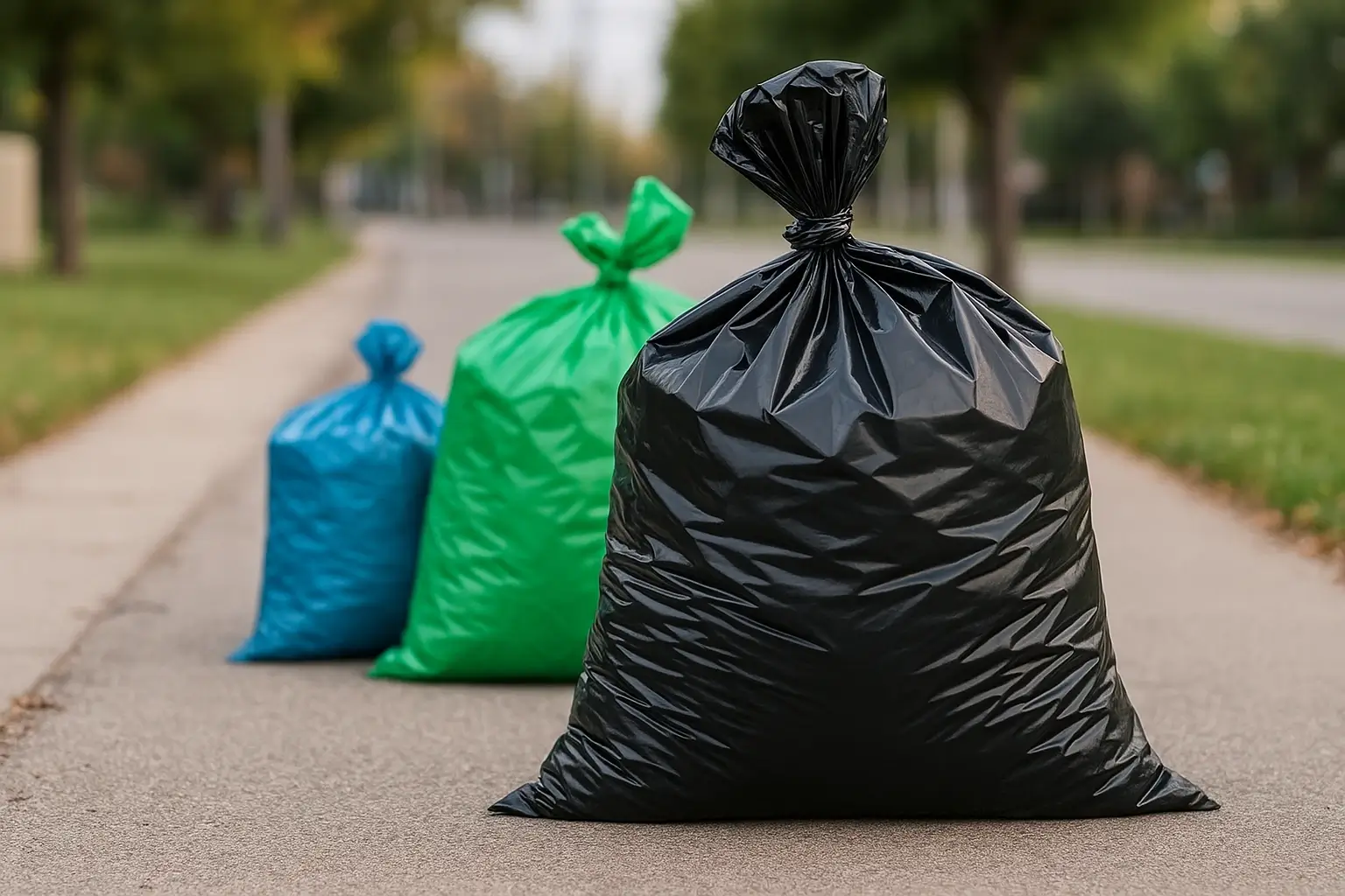 Bolsas plásticas para basura en colores negro, verde y azul colocadas en entorno urbano, ideales para la recolección y separación de residuos.