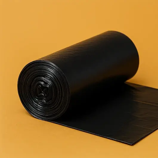 Rollo de bolsas plásticas negras para recolección de basura, fabricadas en polietileno de alta resistencia.