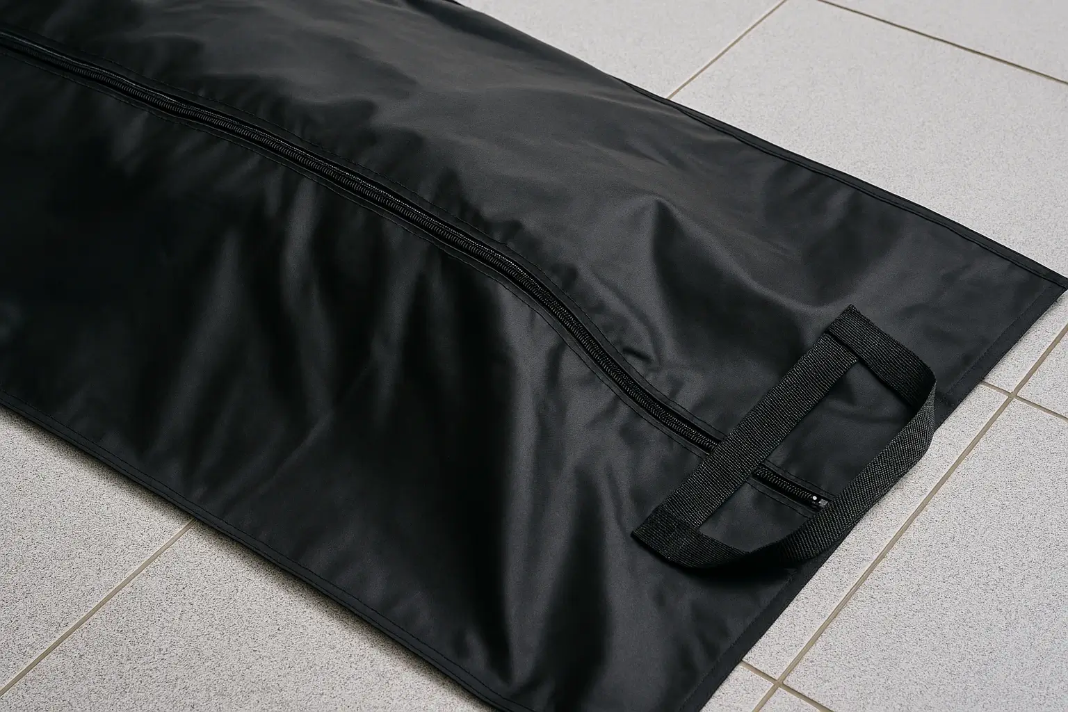 Bolsa plástica negra para embalaje de cadáveres con cierre reforzado, fabricada en polietileno de alta densidad para uso hospitalario y sanitario.