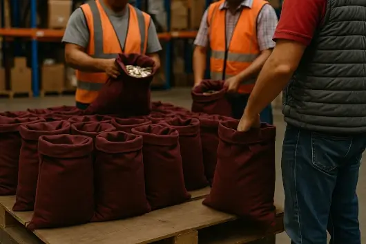 Operarios en bodega industrial manipulando bolsas de lona reforzada para empaque y transporte de monedas en instituciones bancarias.