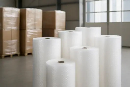 Empleado utilizando plástico burbuja para envolver y proteger mercancías.