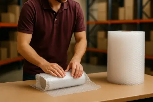 Productos frágiles embalados con plástico burbuja para evitar daños durante el transporte.